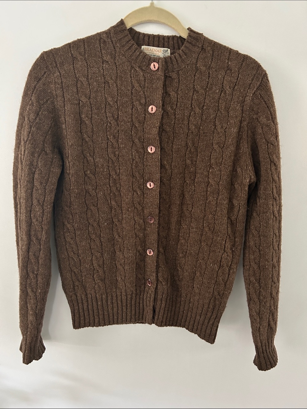 Vintage Braemar Shetland Wool Cardigan Brown Cable-Knit Preppy Modest Sweater